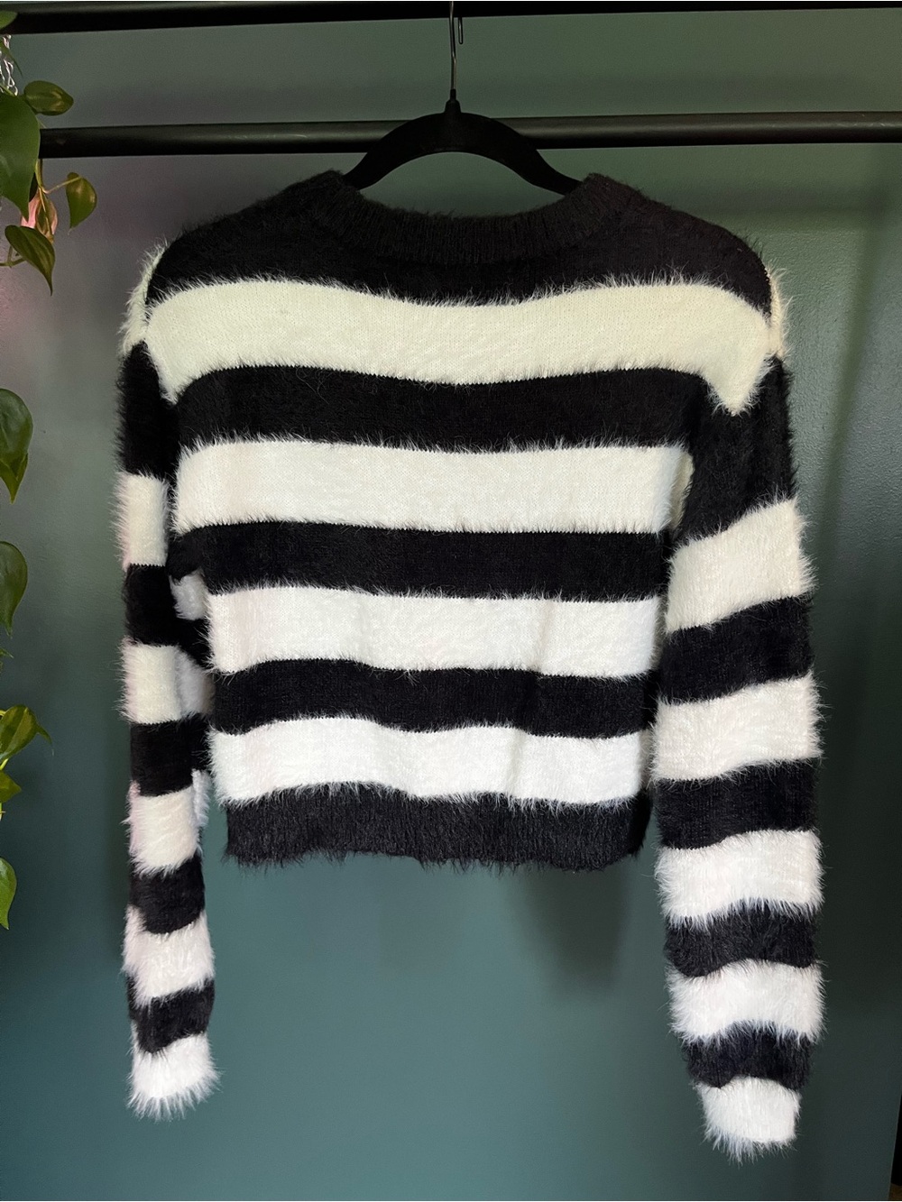 Foxblood Fuzzy Striped Crop Sweater - Black & White - Picture 2 of 3
